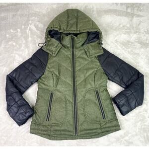 METAPHOR Green Herringbone/Black Quilted Insulated Hooded Zip Jacket Puffer Sz.S